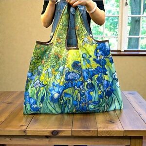 NEW! Floral IRIS Foldable Oil Painting Tote Bag w/ Pouch